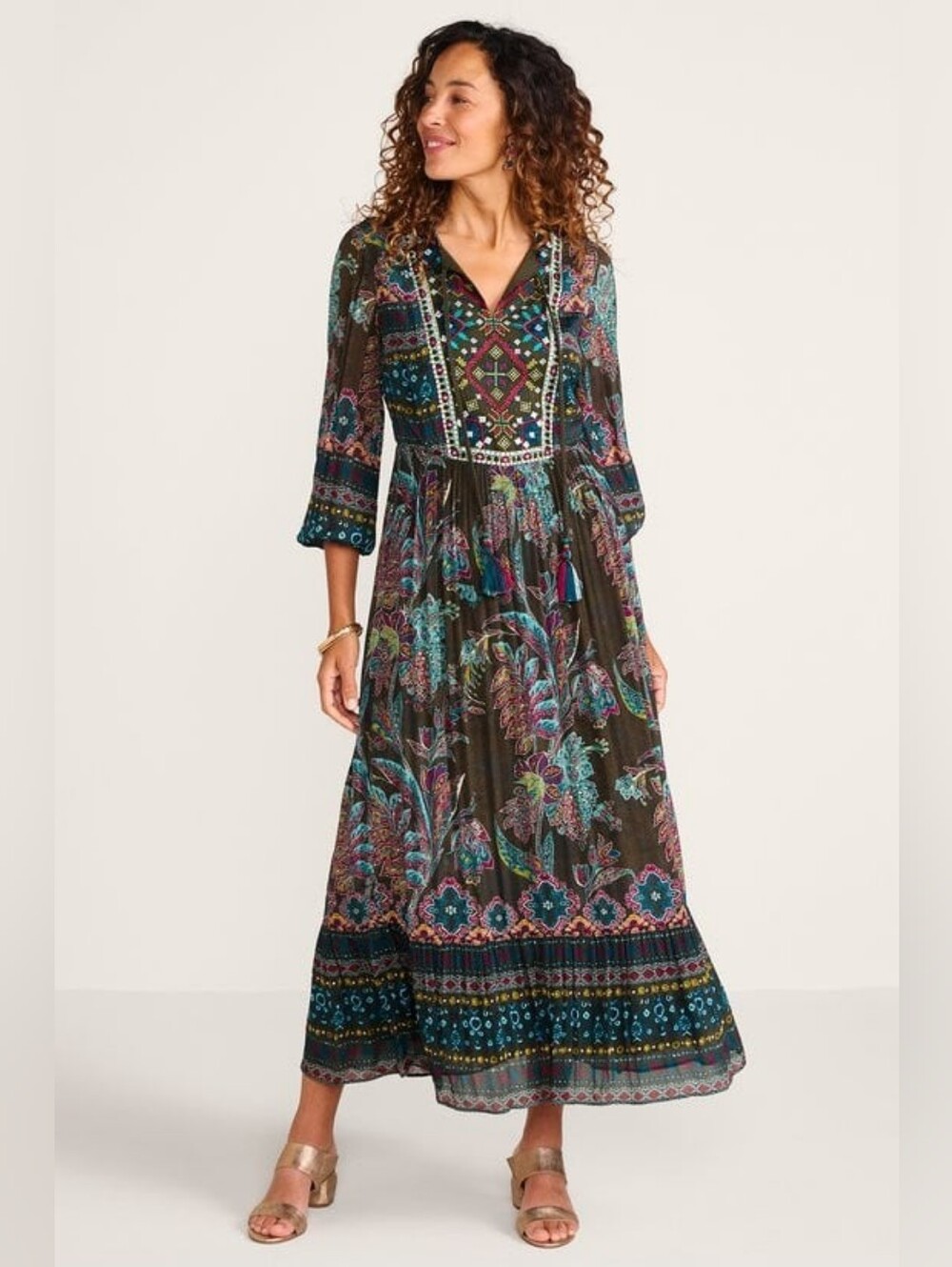 Soft Surroundings Mirapani Dress Bohemian Olive Multi Floral Maxi Dress Size PS